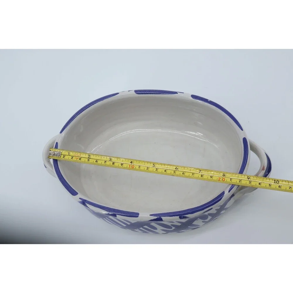 Signed Studio Pottery Oval Baker Blue White Crosshatch Ceramic Dish 1970s